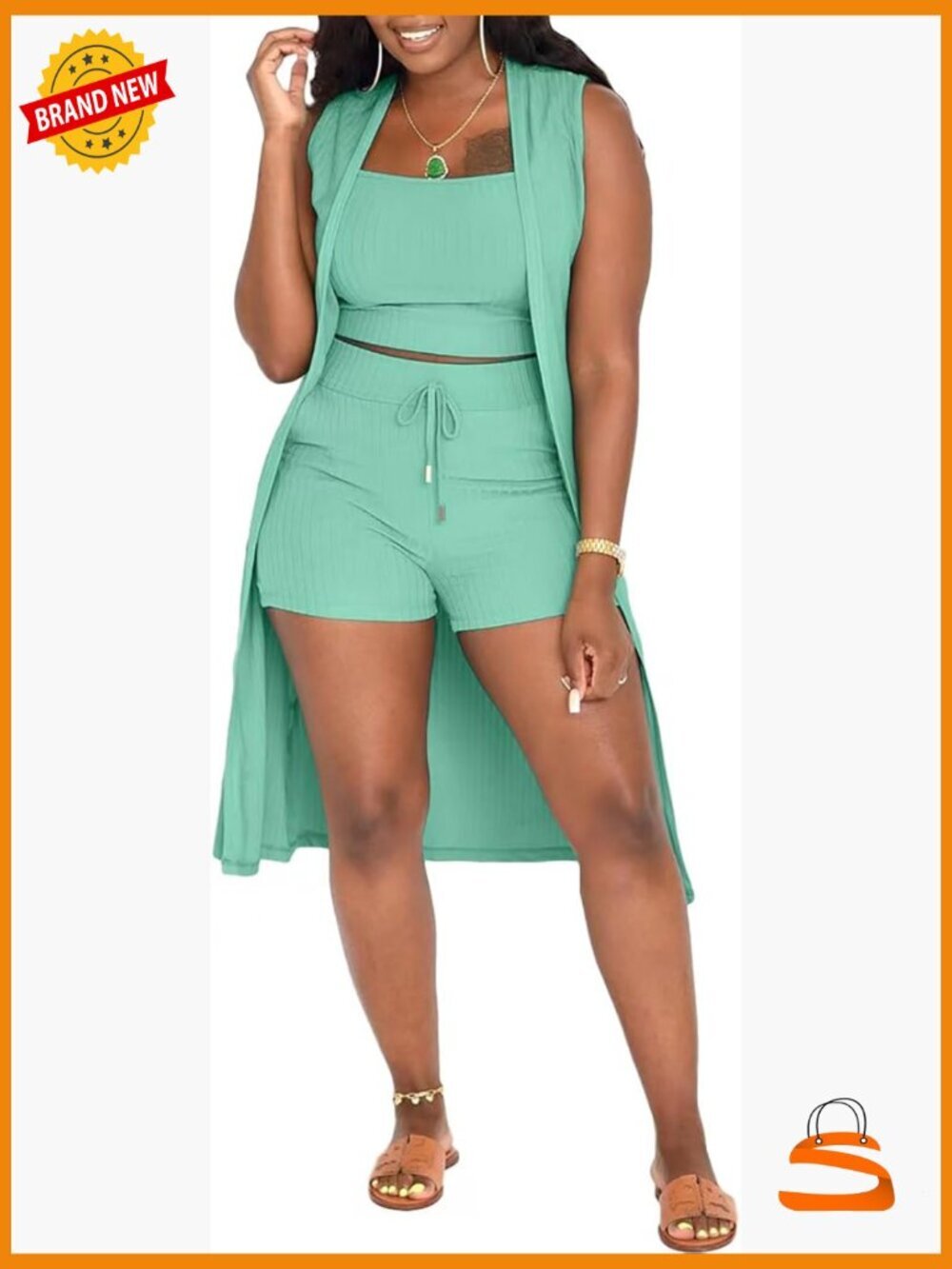 Women's 3 Piece Ribbed Sleeveless Cardigan Crop Top Shorts Lounge Set